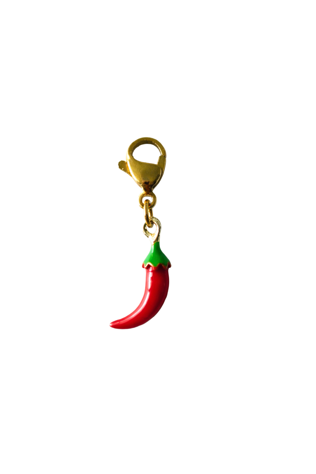 Red chili pepper keychain with green stem on a white background