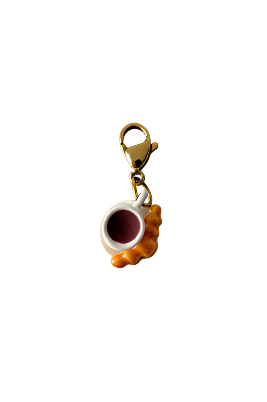 Coffee cup charm with a lobster clasp on a white background