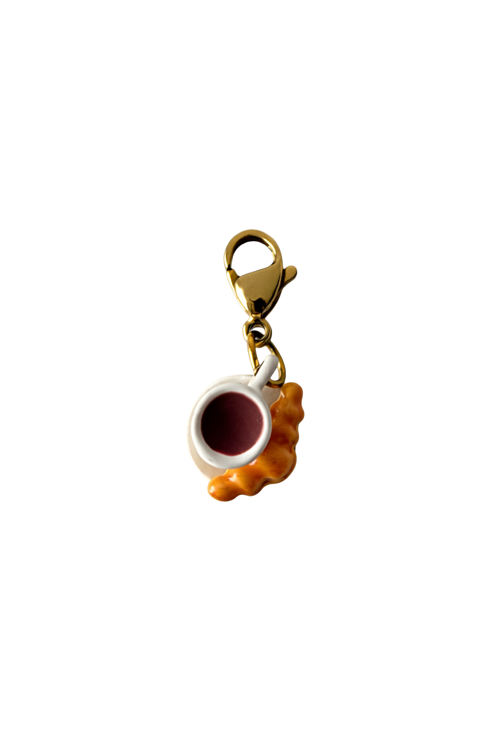 Coffee cup charm with a lobster clasp on a white background