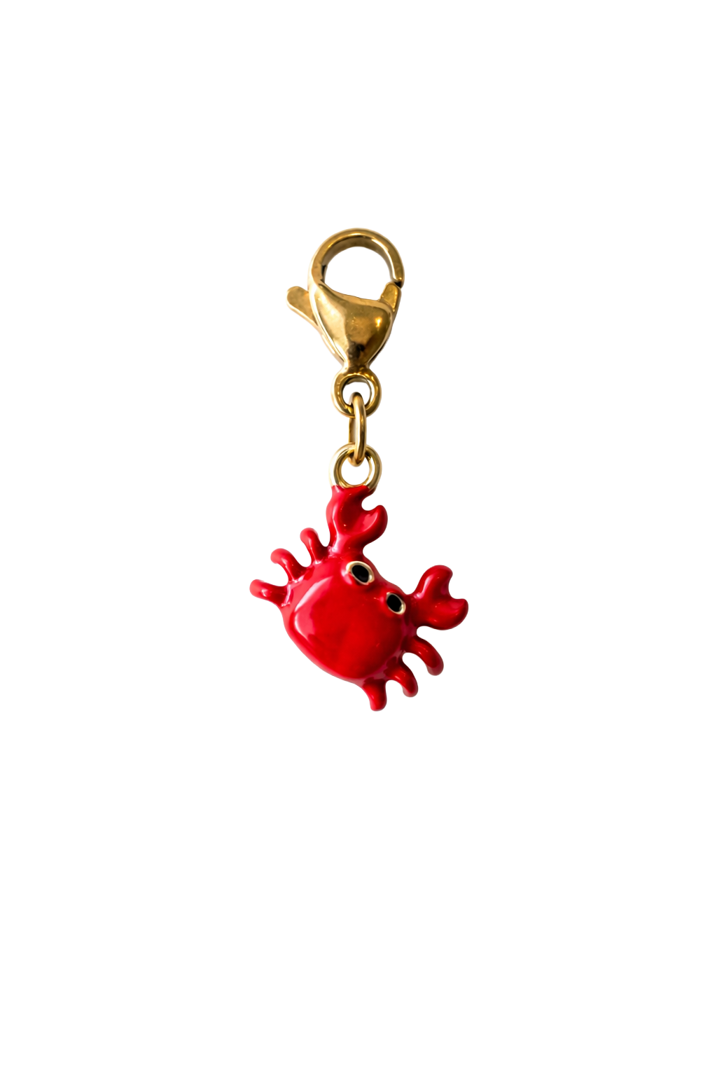 Red crab-shaped charm with gold clasp on a white background
