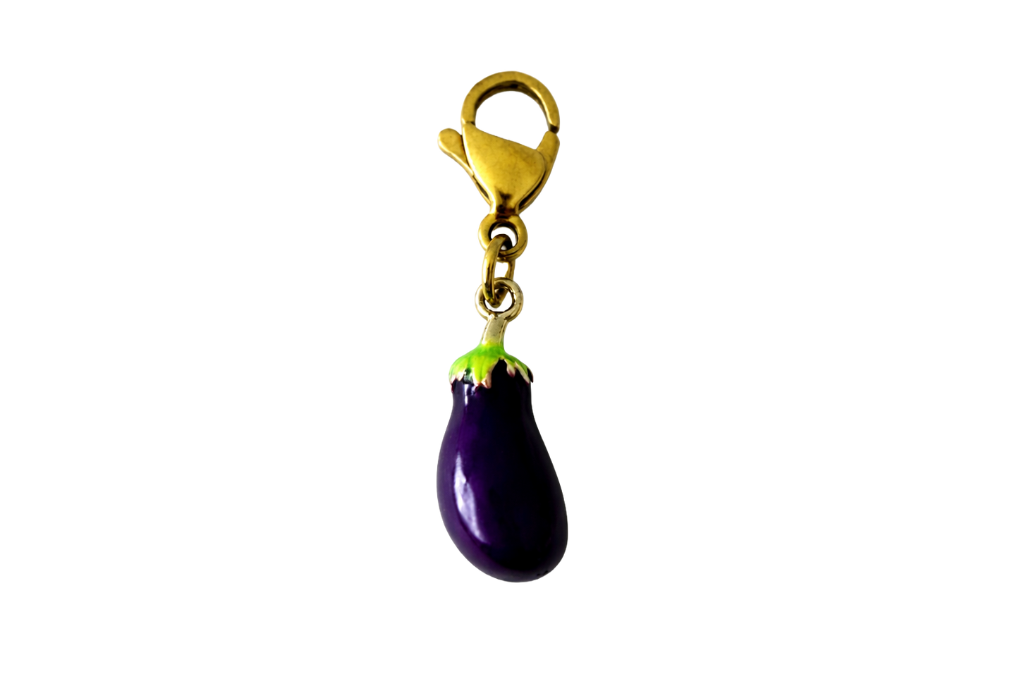 Purple eggplant-shaped charm with a gold clip on a white background