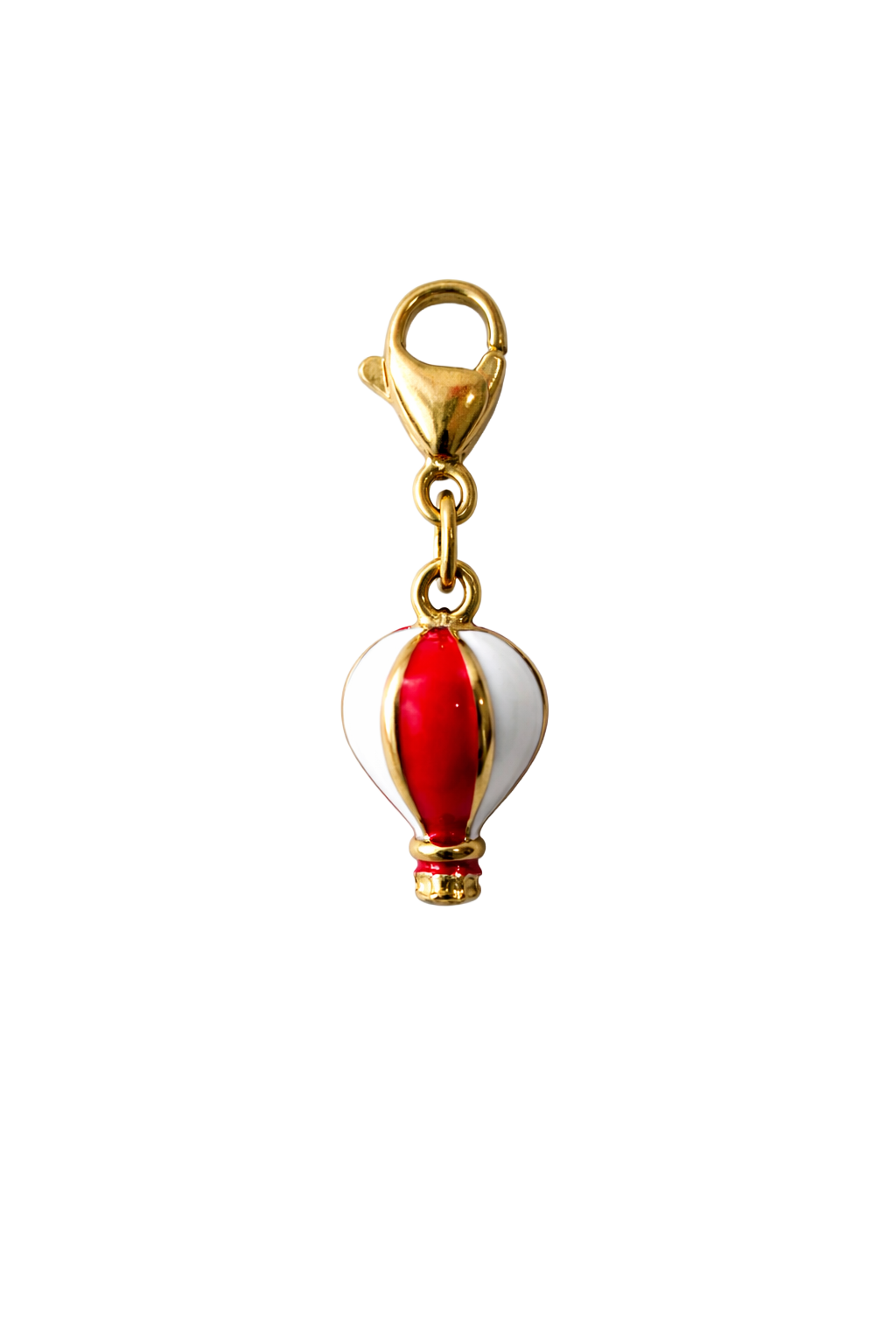 Hot air balloon charm with gold accents on a white background