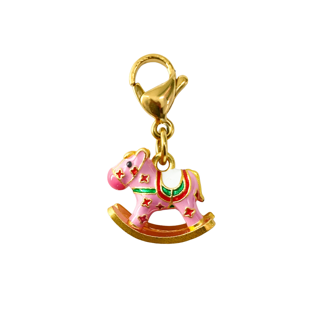 pink play horse charm with gold clasp on a white background