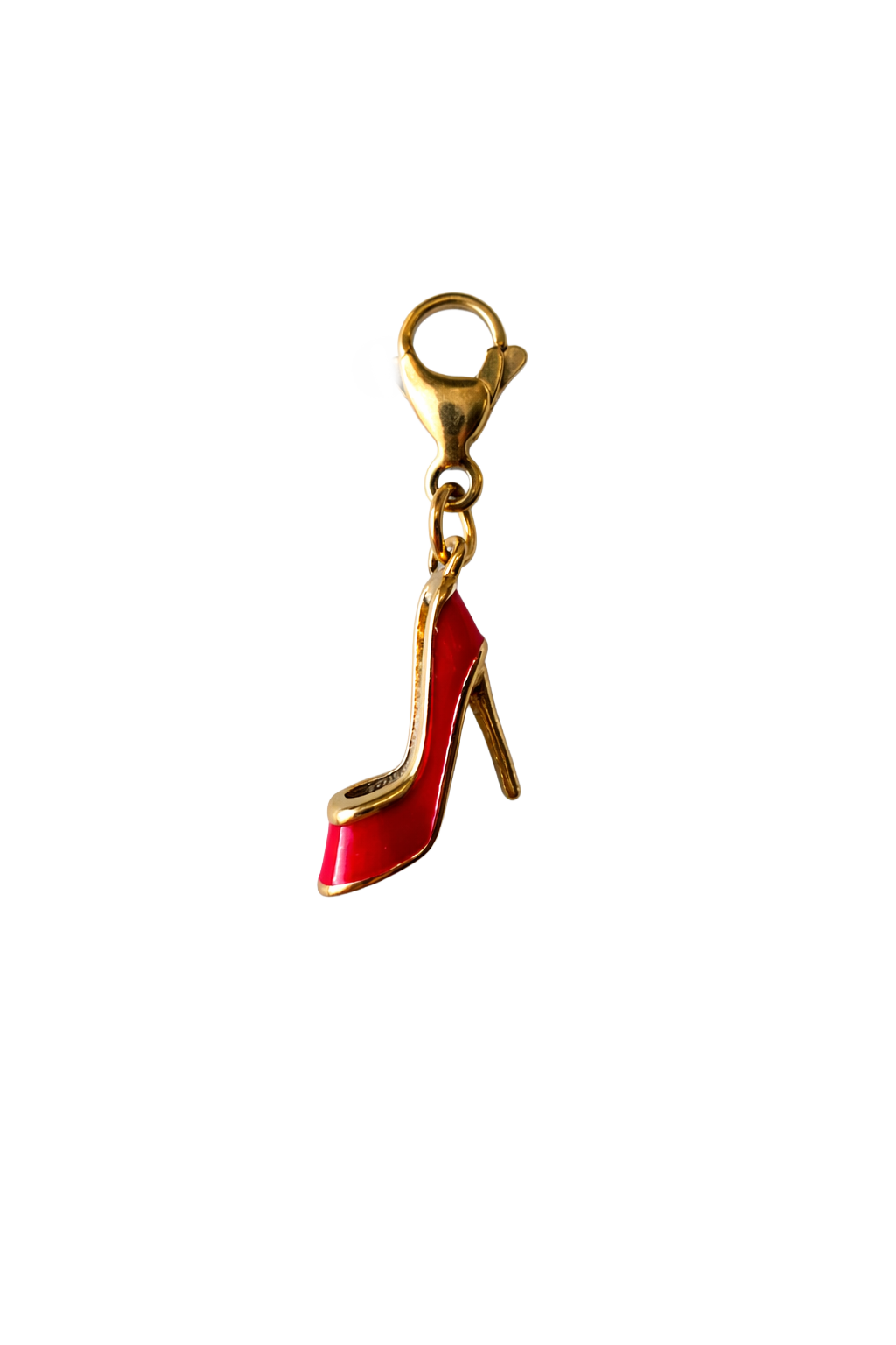 Red high-heeled shoe charm with gold clasp on a white background