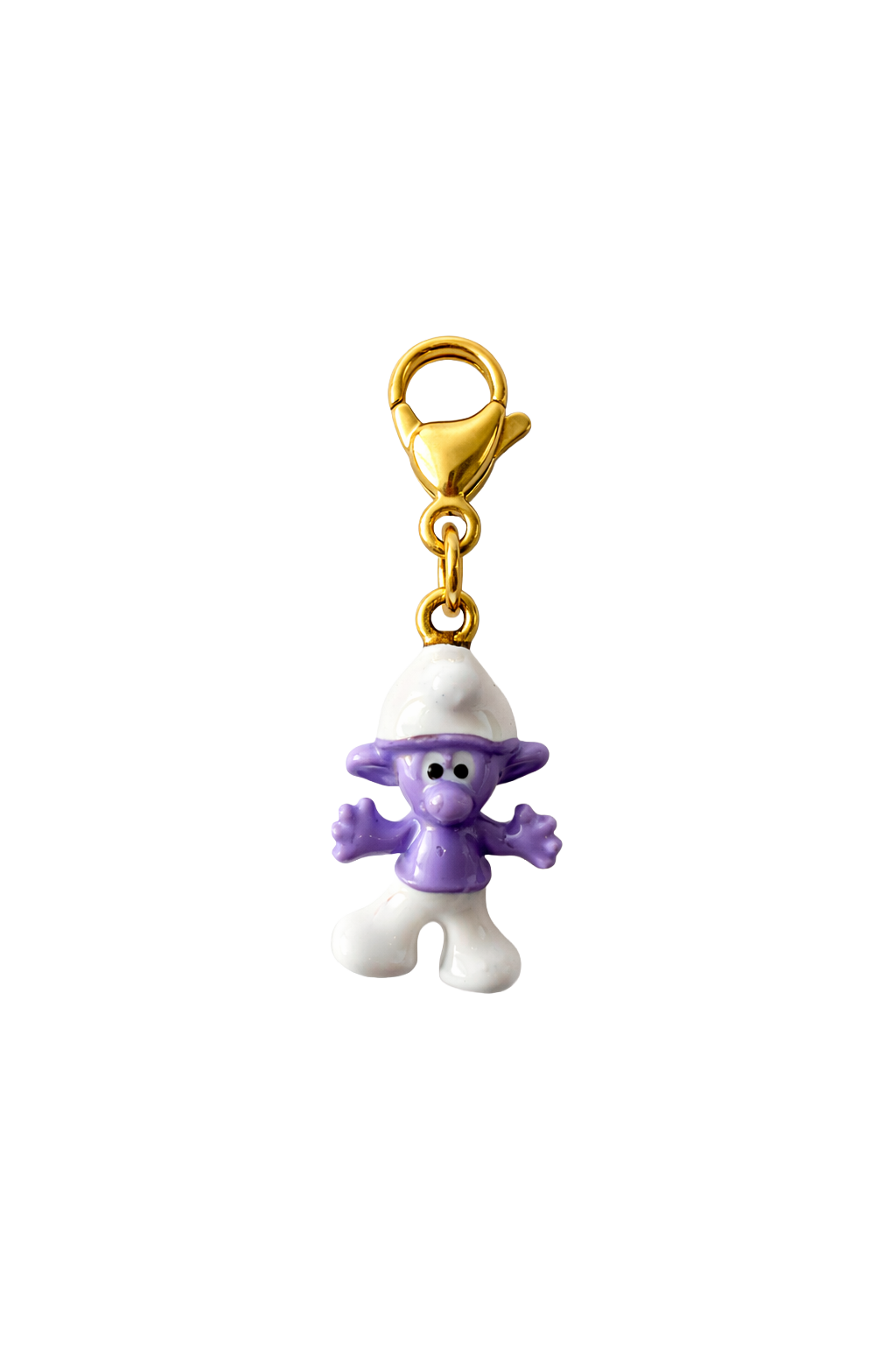 Purple smurf charm with gold clip on a white background