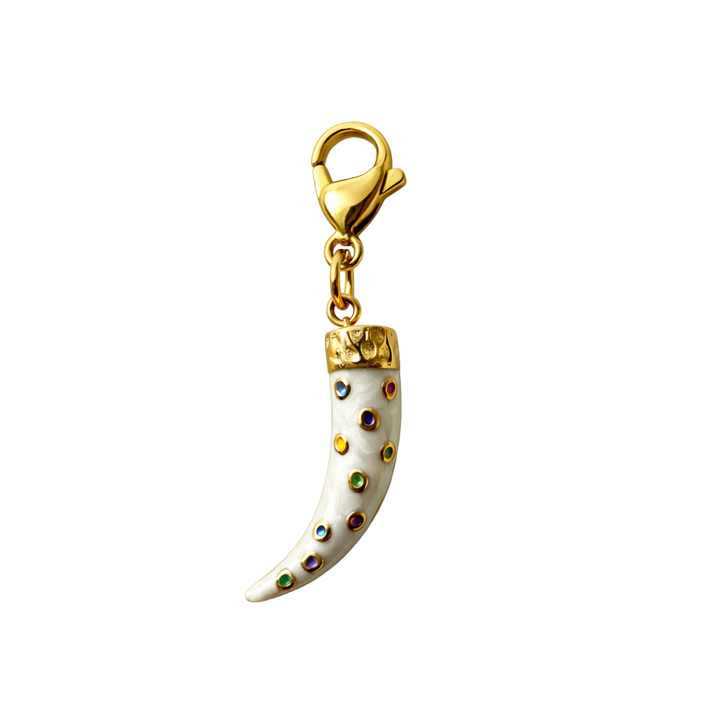 Gold and white horn-shaped charm with colorful accents on a white background
