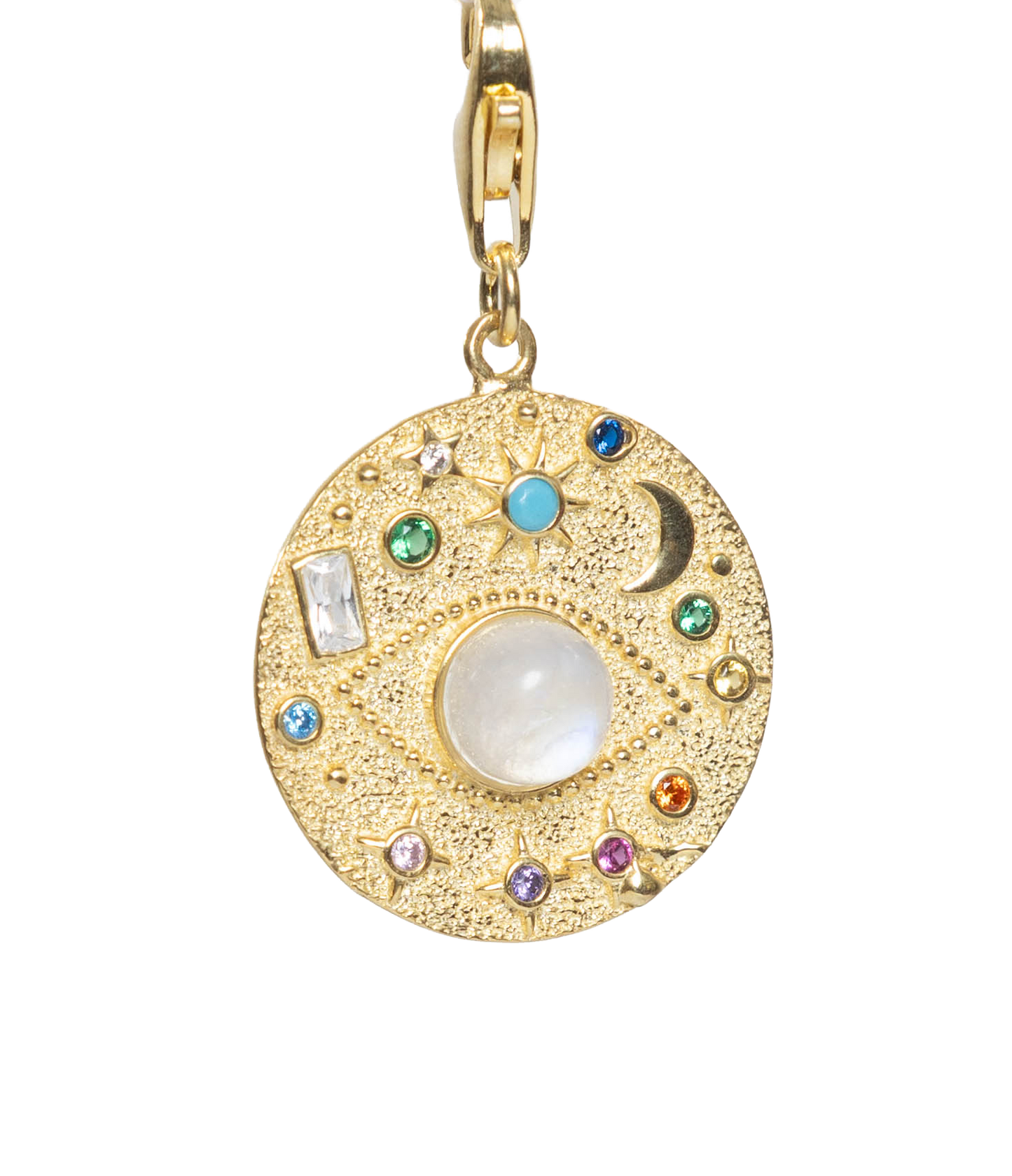 Gold pendant with colorful stones on a white background