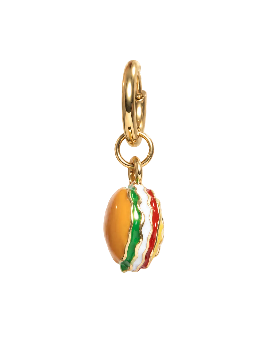 A gold-tone burger earring millie madness clasp charm shaped like a hamburger with colorful enamel details in orange, green, red, and white, shown on a plain white background.