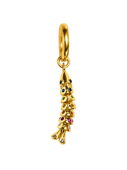A gold millie madness fish earring charm with small colorful gemstone accents, shown on a plain white background.