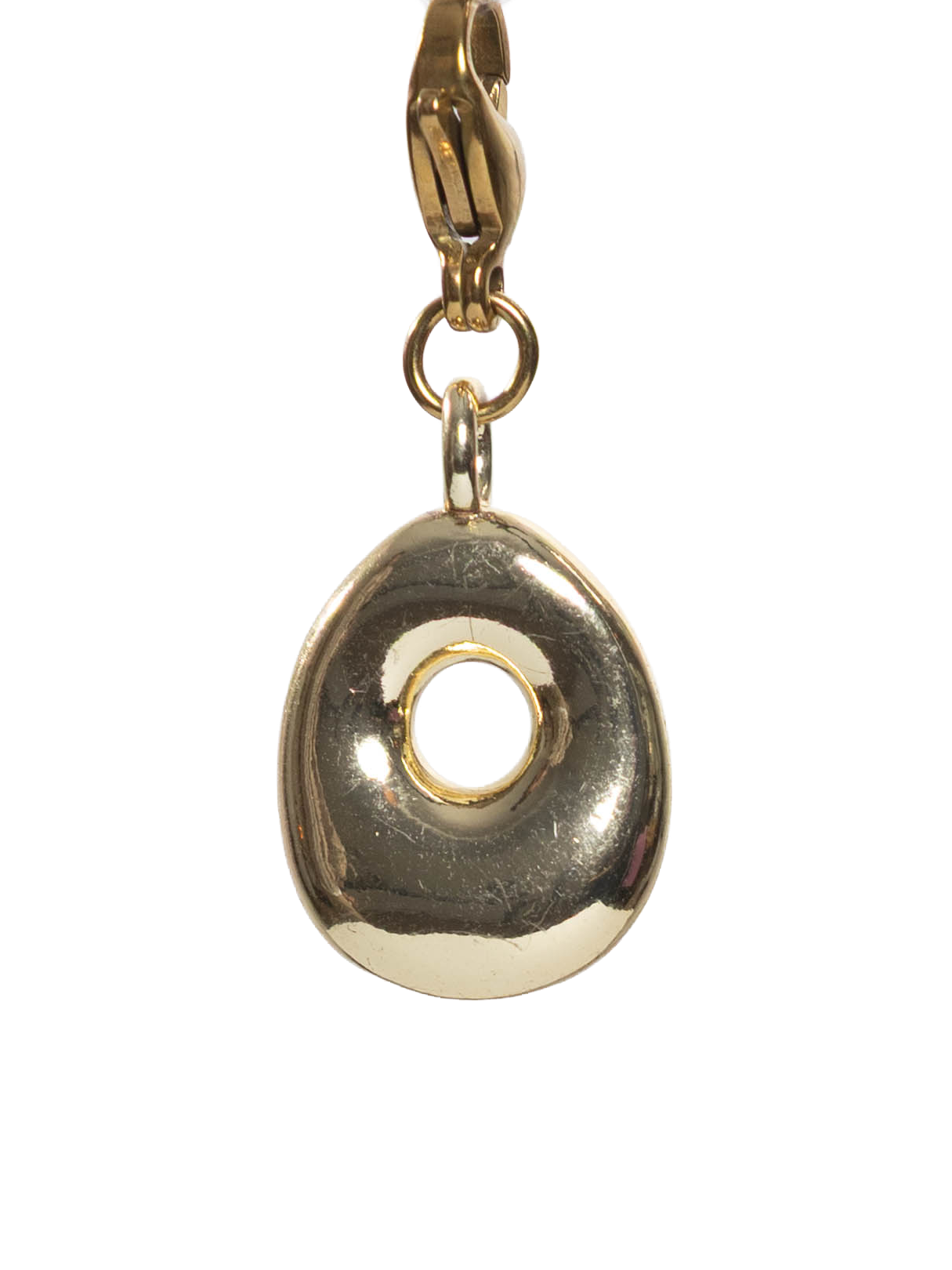 Gold plated letter O charm stainless steel clasp on a white background