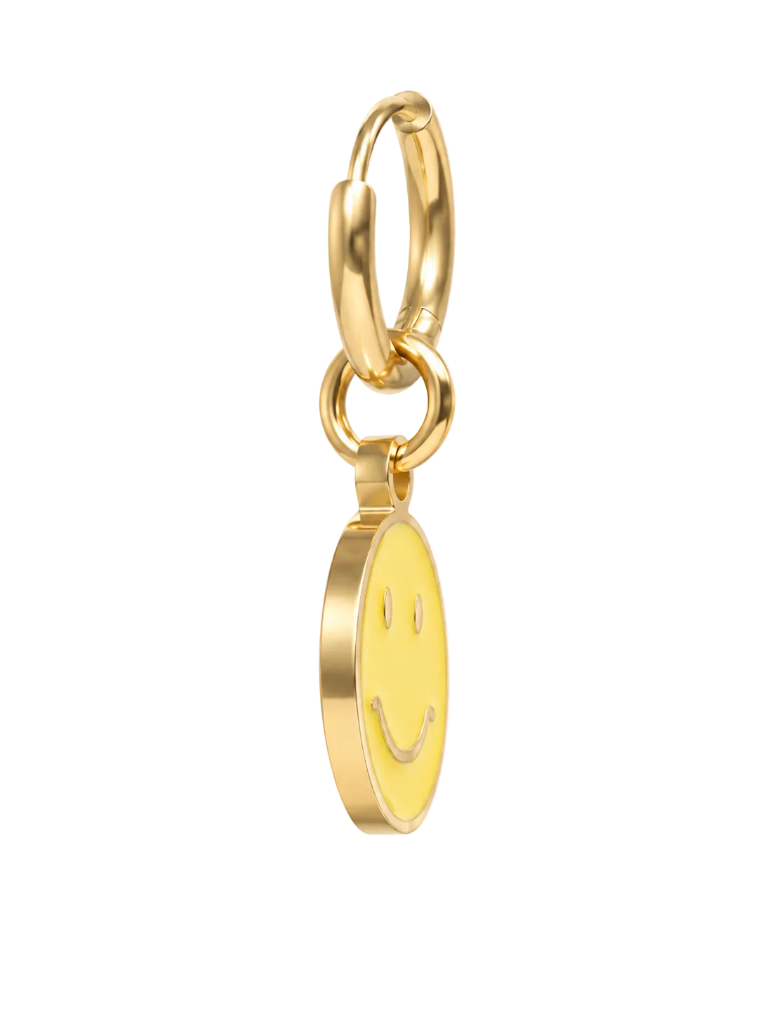 A gold hoop millie madness earring with a dangling oval charm featuring a smiley face, shown on a plain white background.