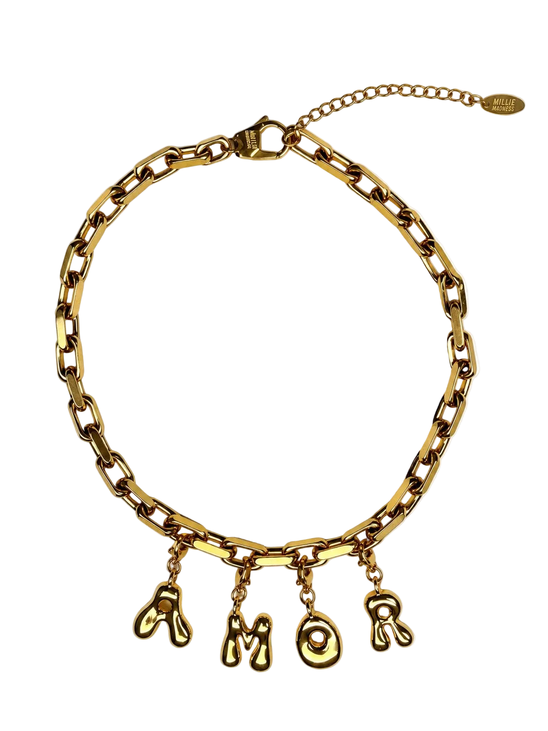 A gold-tone chunky chain MILLIE MADNESS necklace with dangling letter charms spelling 'AMOR', displayed on a clean white background.