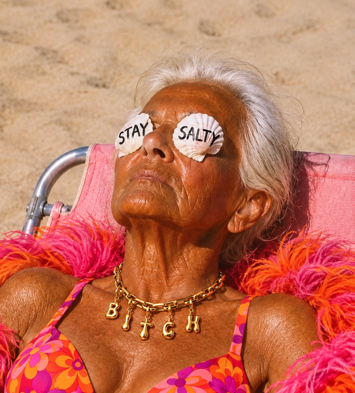 An older woman reclining on a pink beach chair on the sand, wearing shell-shaped sunglasses with the words 'STAY SALTY' and a gold necklace spelling 'BITCH'.
