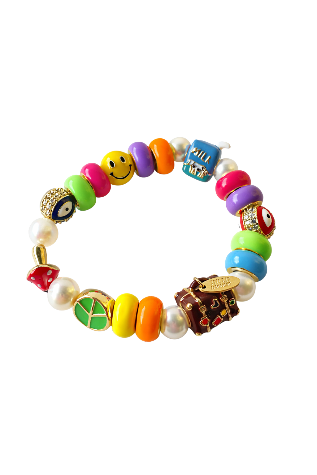 Colorful beaded bracelet with various charms on a white background