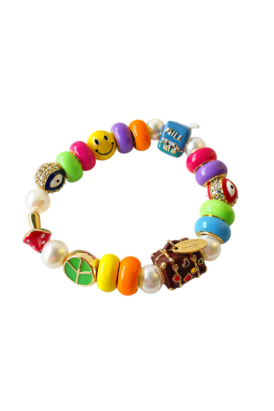 Colorful beaded bracelet with various charms on a white background