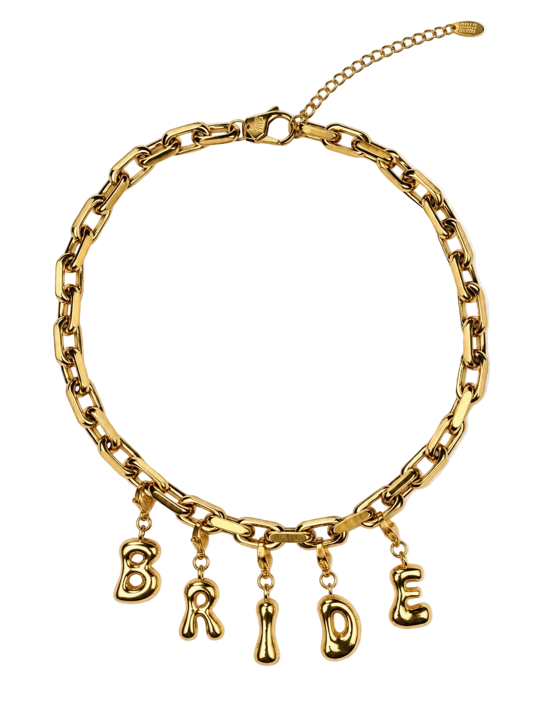 A gold-tone chunky chain millie madness necklace with dangling letter charms spelling 'B R I D E', shown on a plain white background.