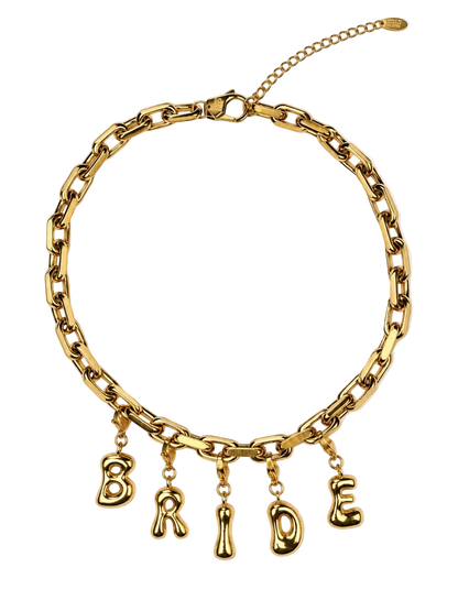 A gold-tone chunky chain millie madness necklace with dangling letter charms spelling 'B R I D E', shown on a plain white background.