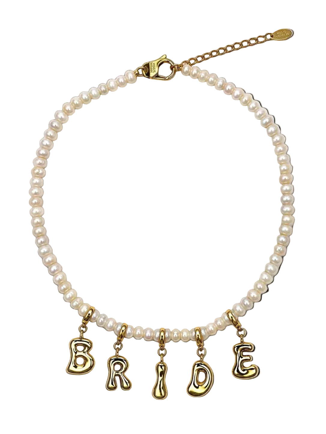 A pearl millie madness necklace with gold letter charms spelling 'BRIDE' on a clean white background.