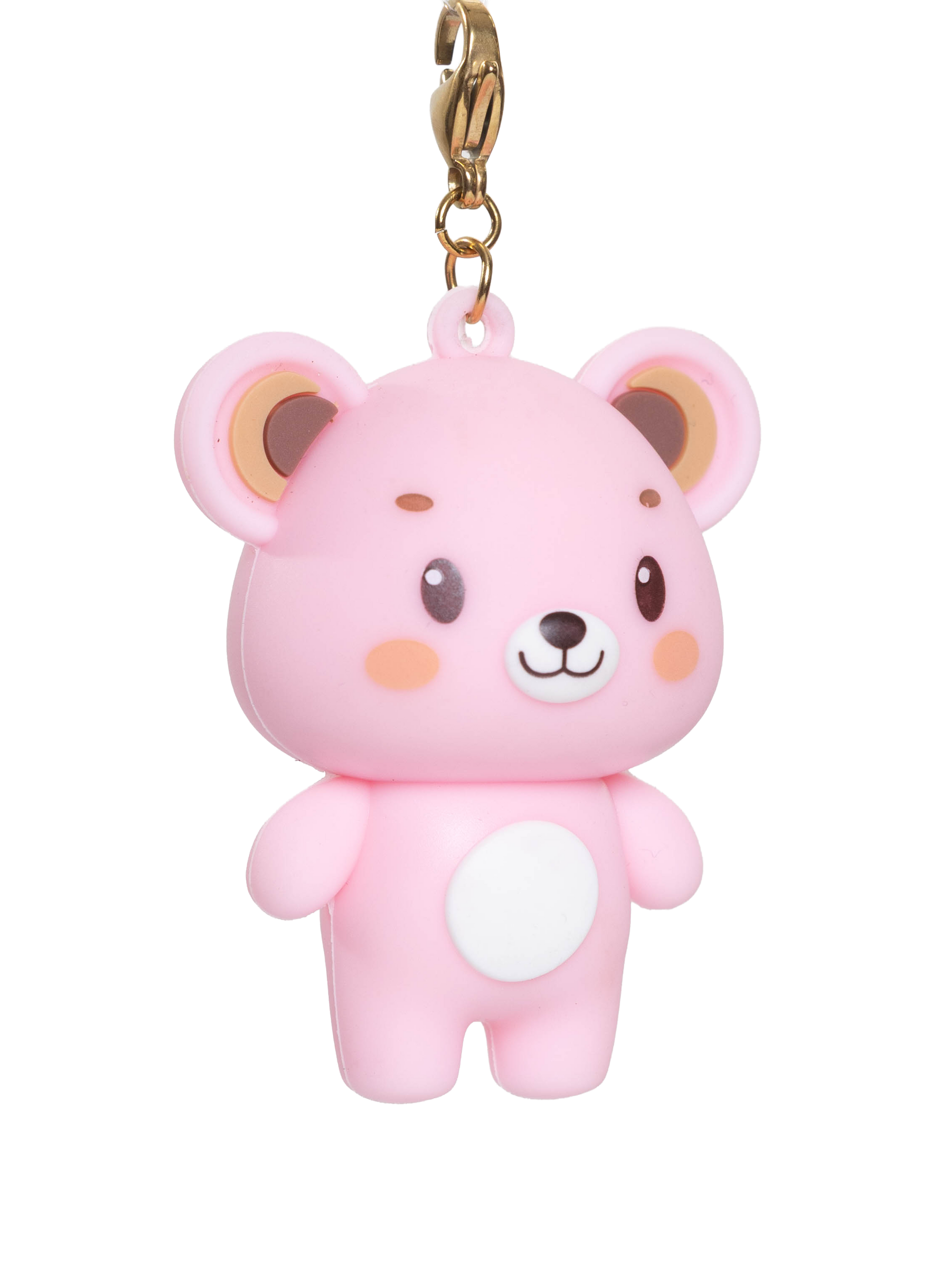 Pink bear-shaped pendant on a  gold clasp and a white background