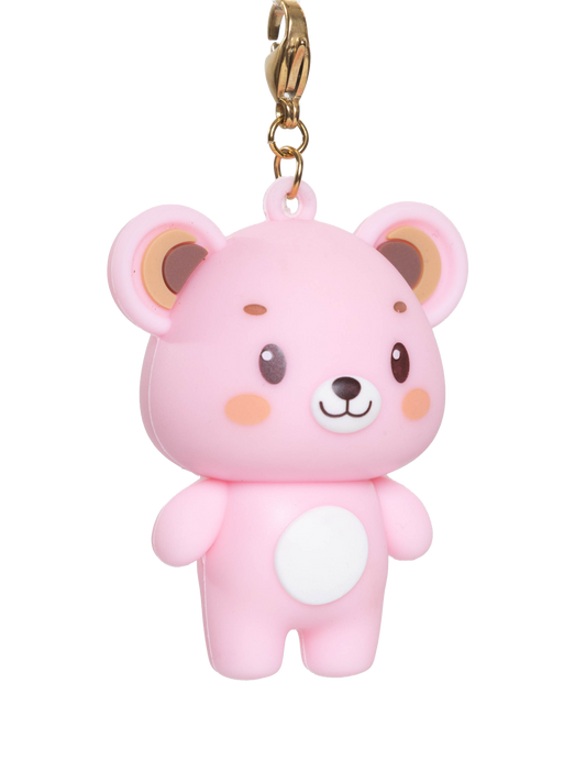 Pink bear-shaped pendant on a  gold clasp and a white background