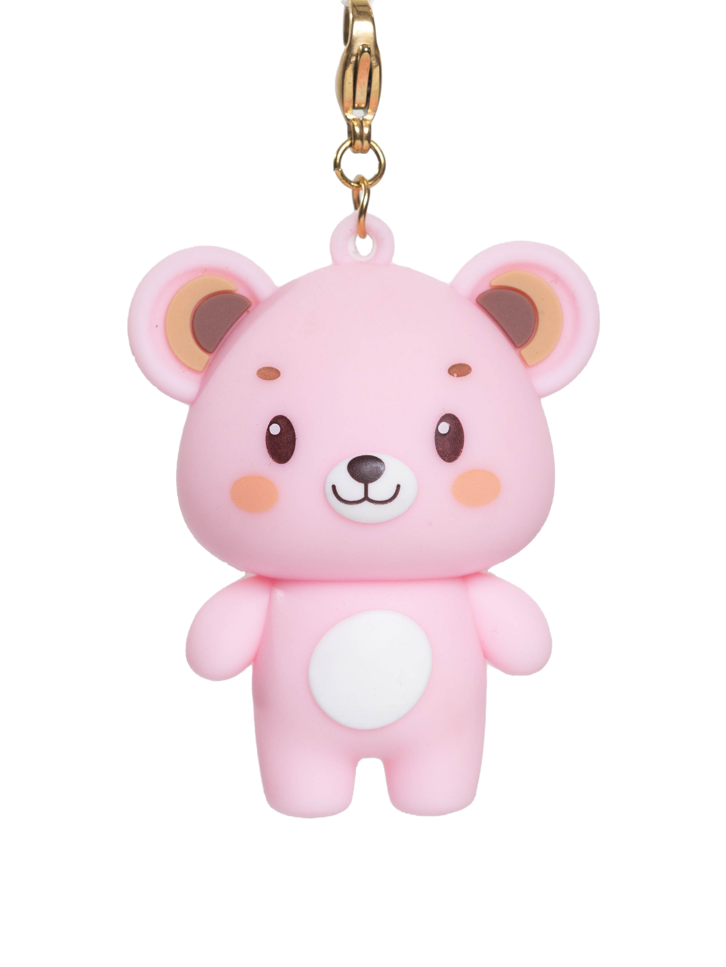 Pink bear-shaped pendant with a gold clip on a white background