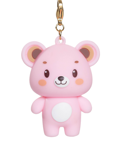 Pink bear-shaped pendant with a gold clip on a white background