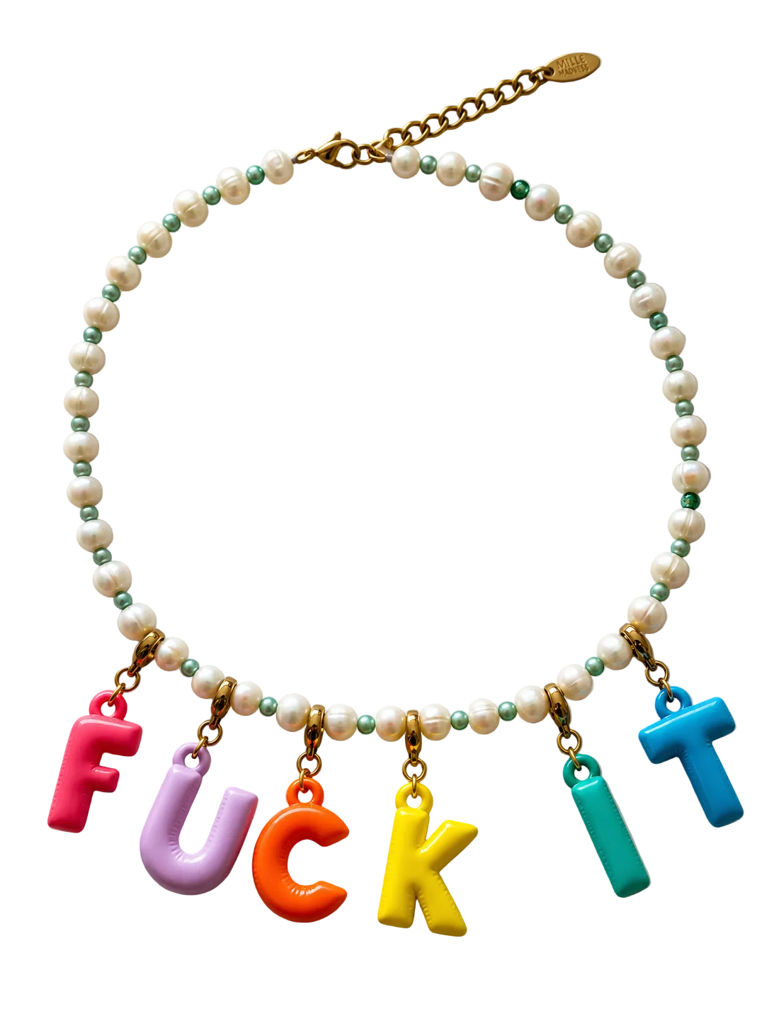 pearl necklace white and green pearls and colored letters with fuck it charms
