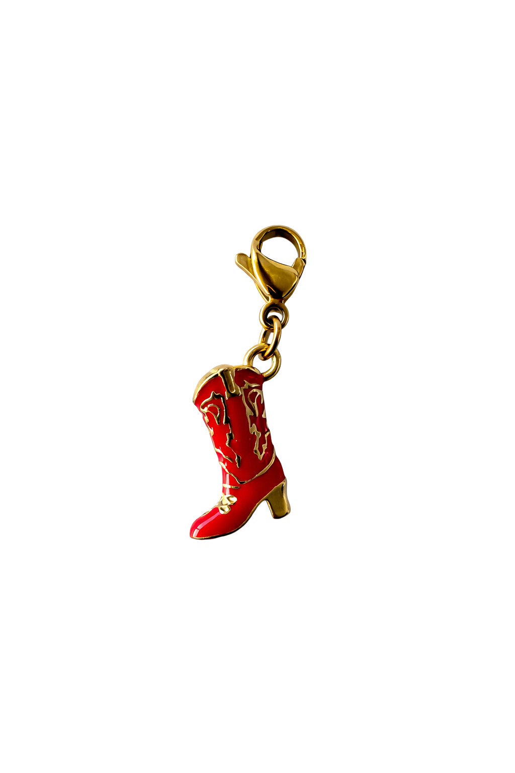 Red cowboy boot charm with gold clasp on a white background