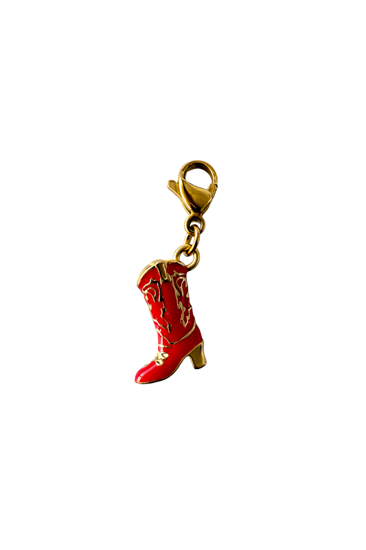 Red cowboy boot charm with gold clasp on a white background