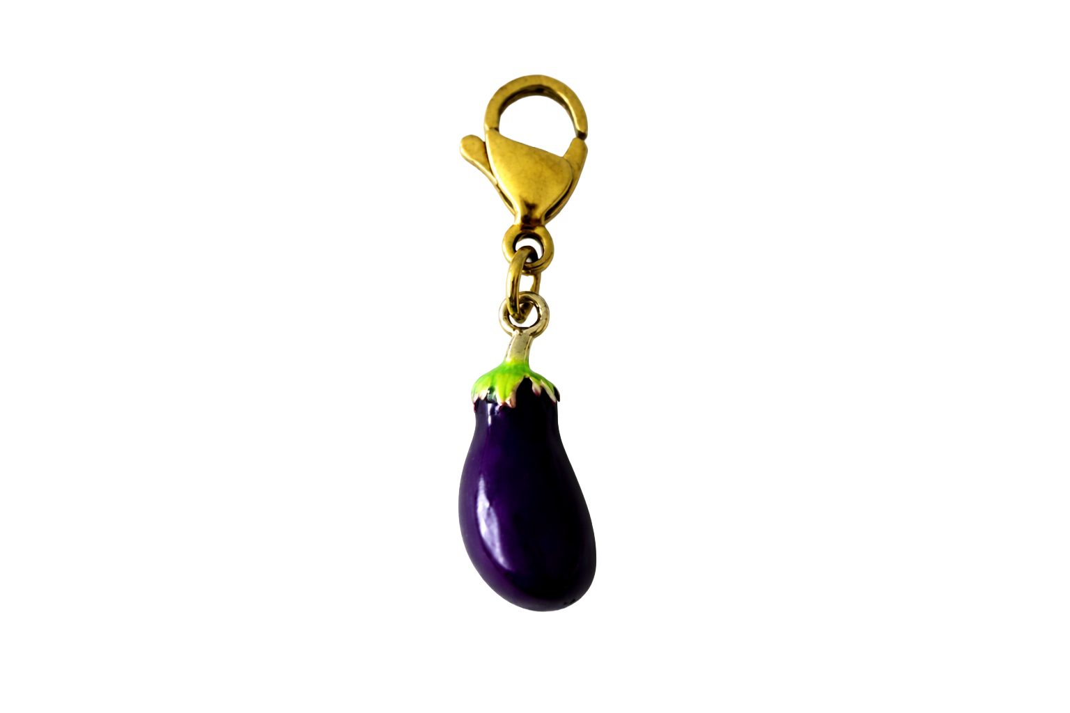 Purple eggplant-shaped charm with a gold clip on a white background