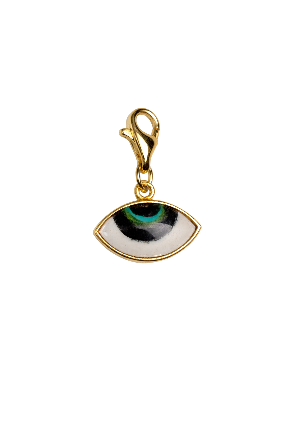Gold pendant with eye design on a white background