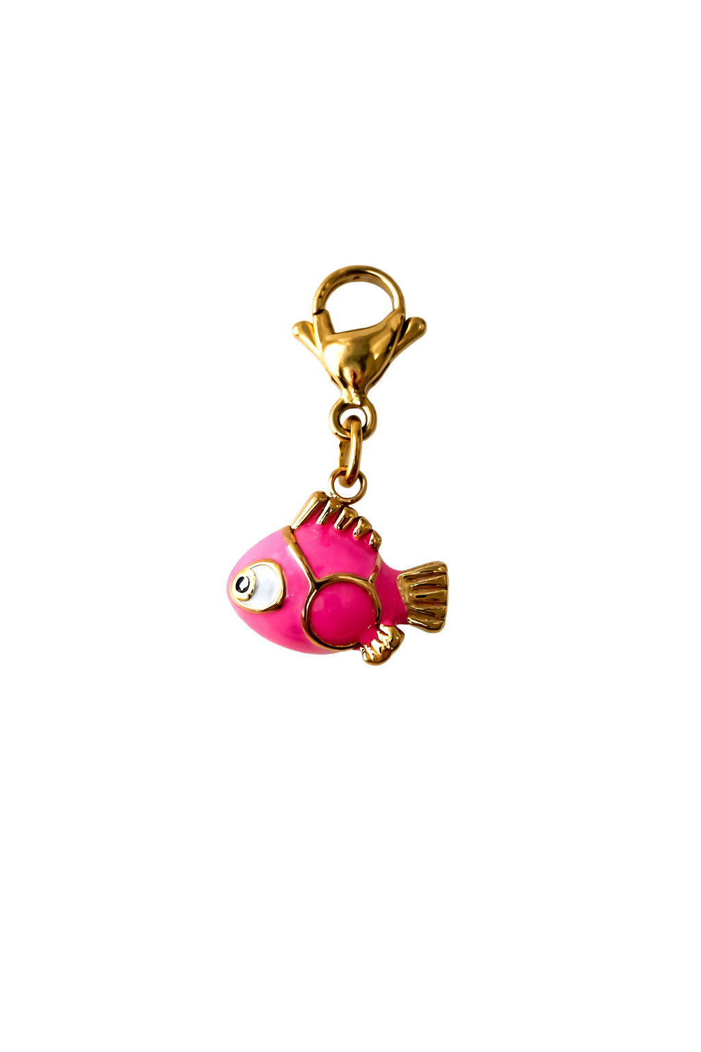 Pink fish charm with gold accents on a white background