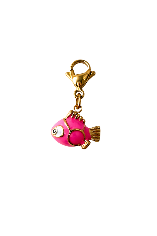 Pink fish charm with gold accents on a white background