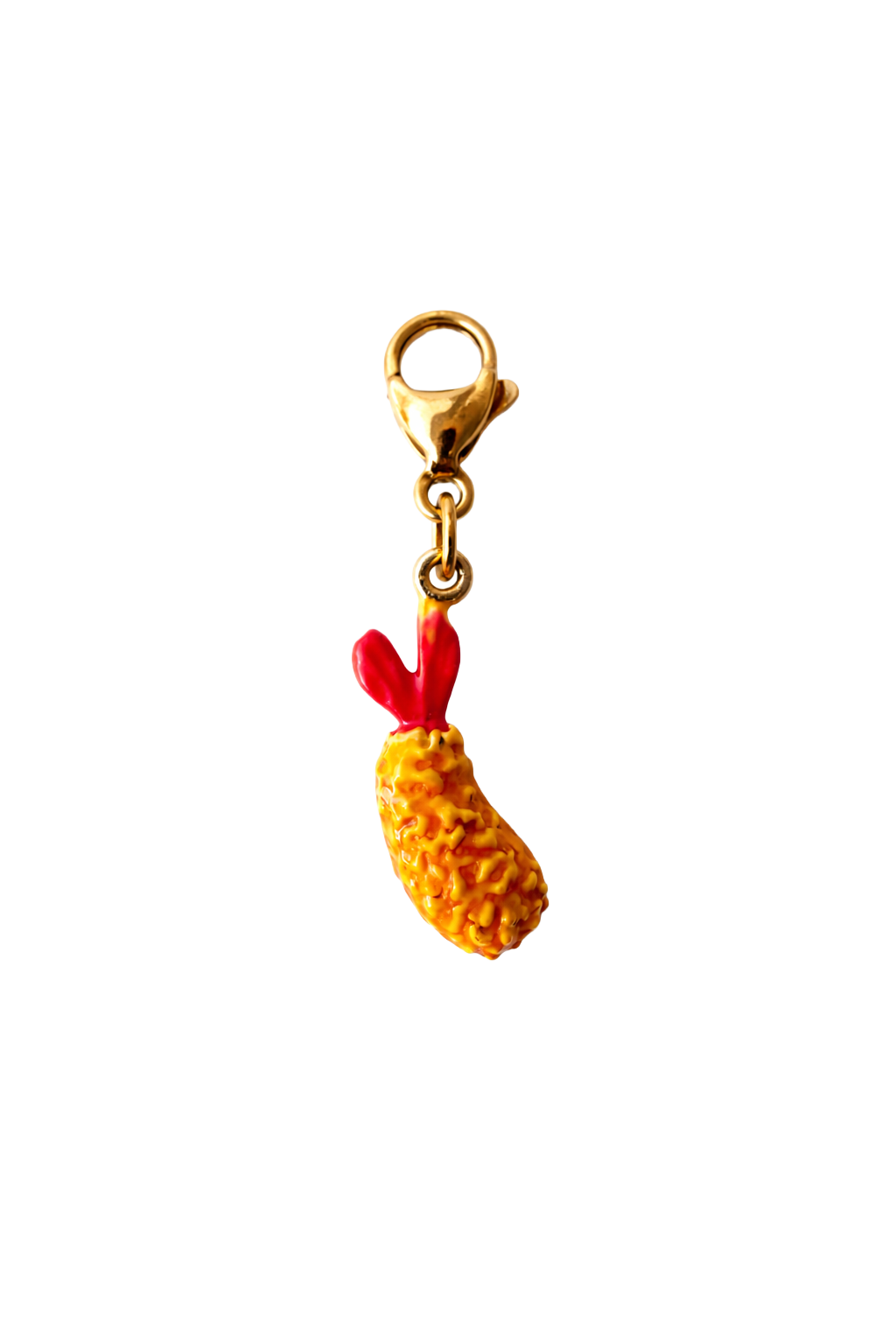 crispy shrimp charm with a gold clip on a white background