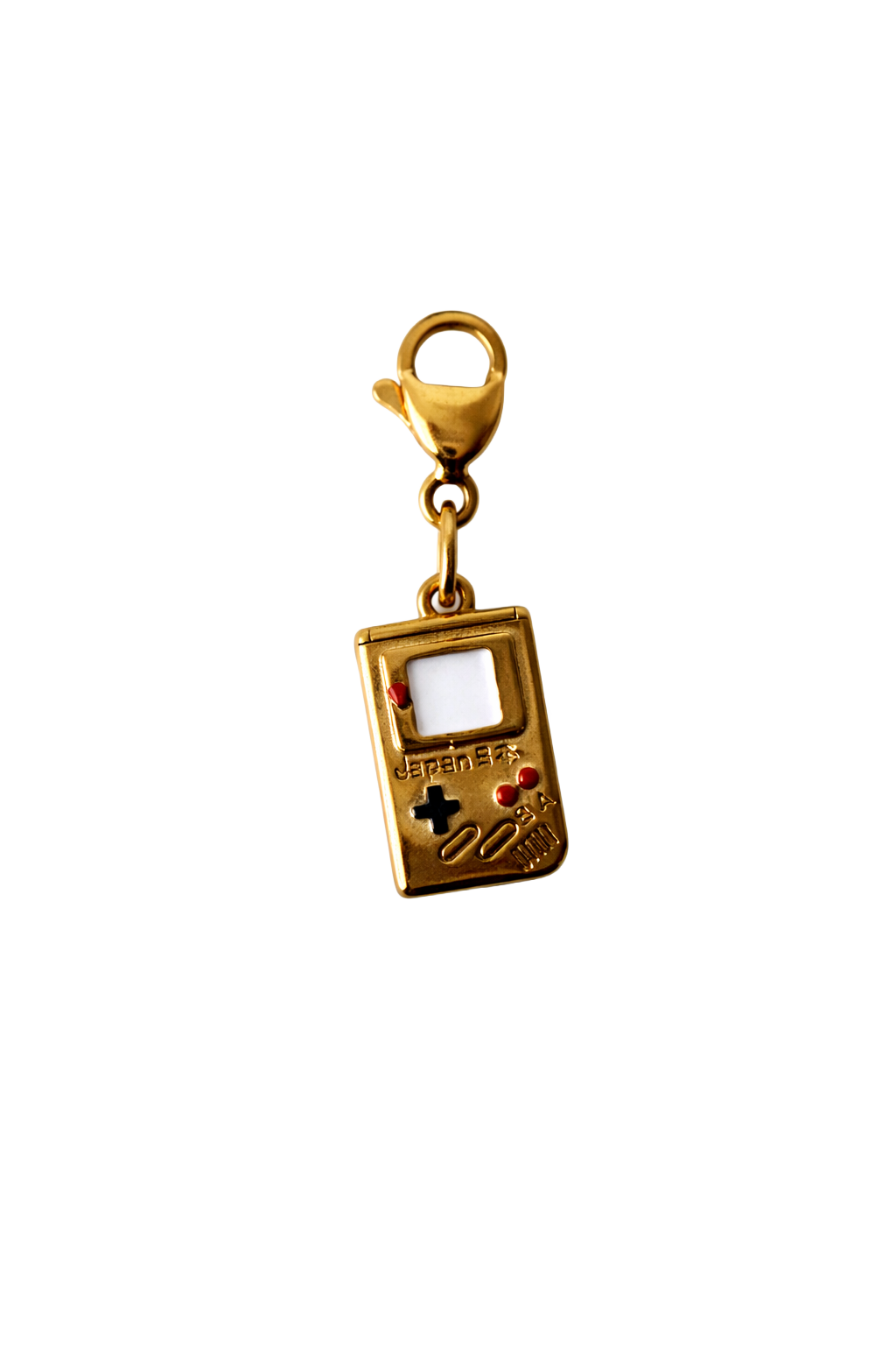 Gold game console charm with a lobster clasp on a white background