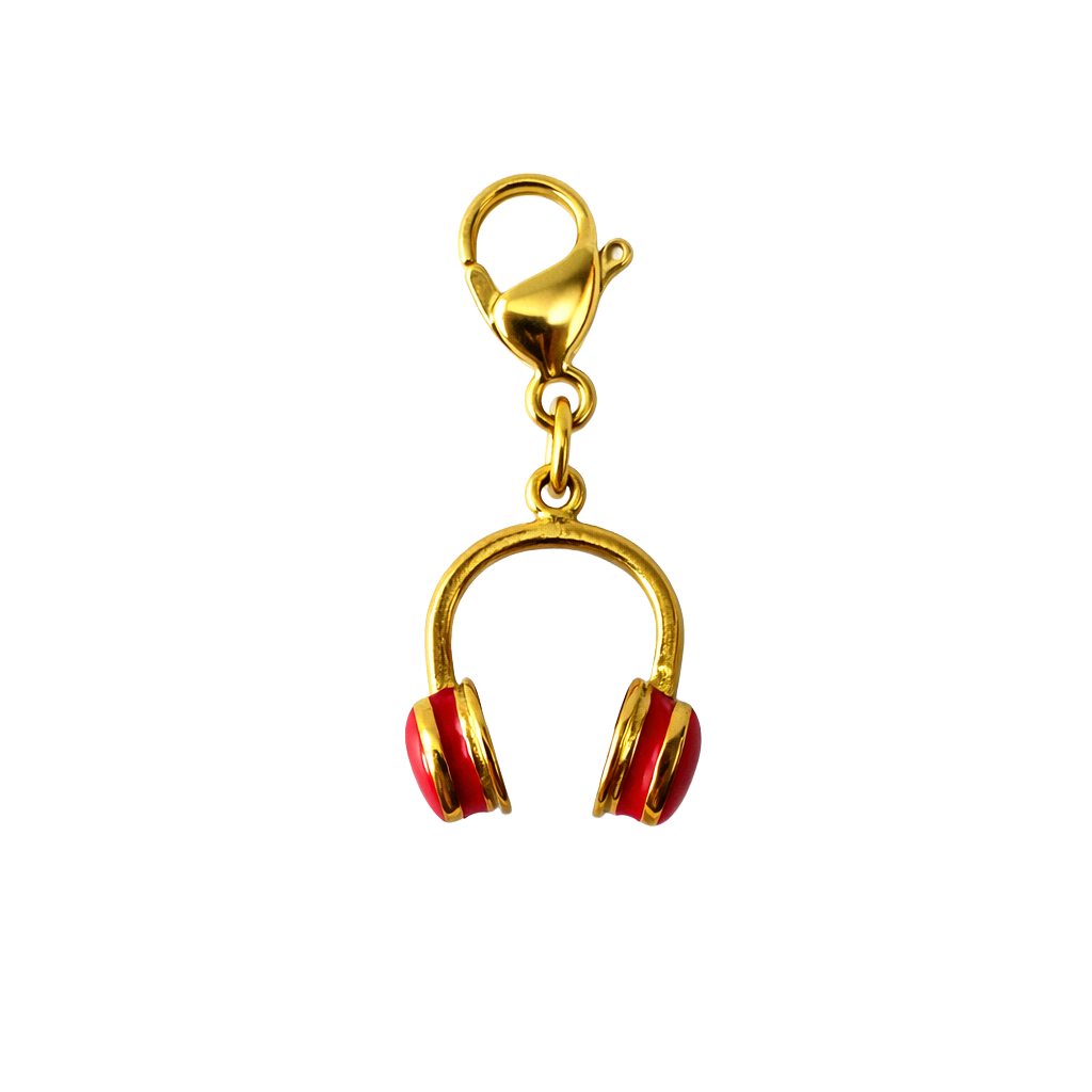 Gold and red headphone-shaped charm on a white background