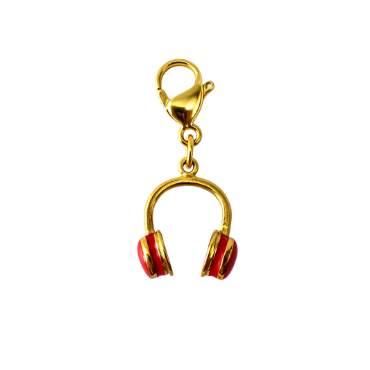 Gold and red headphone-shaped charm on a white background