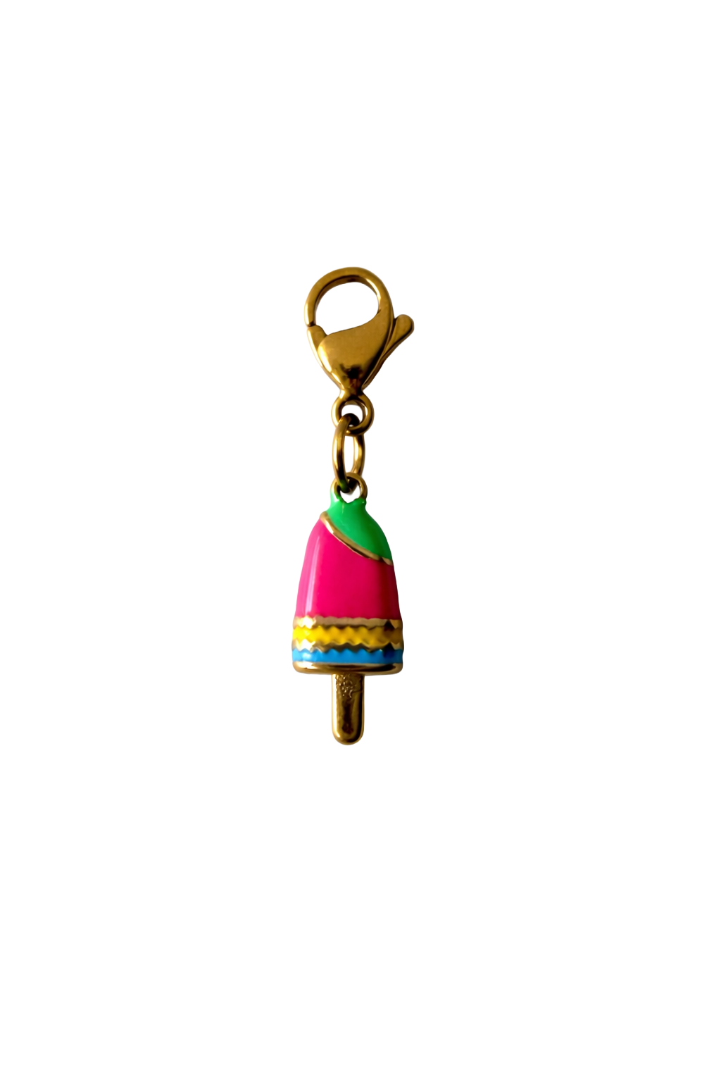 Colorful ice cream cone charm with a gold clasp on a white background
