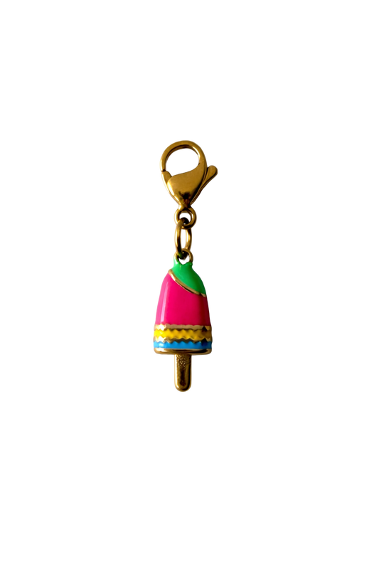 Colorful ice cream cone charm with a gold clasp on a white background