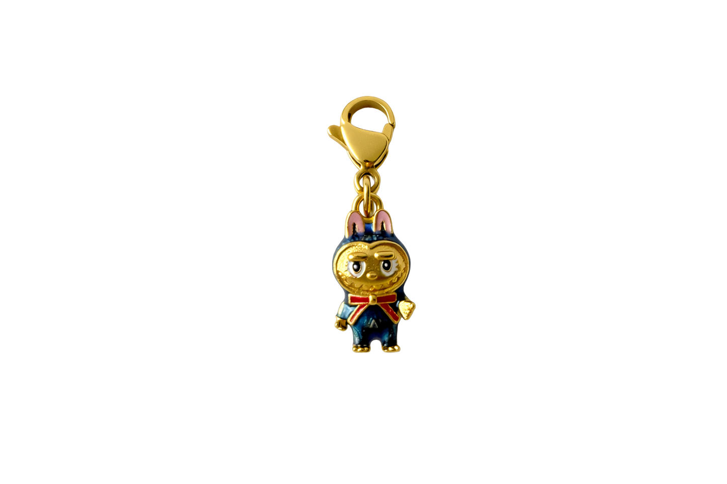 Gold labubu with a cartoon character on a white background