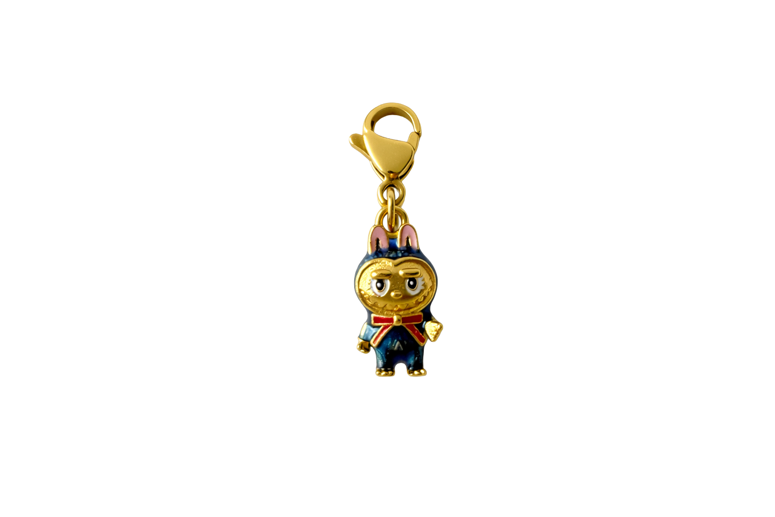 Gold labubu with a cartoon character on a white background