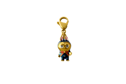 Gold labubu with a cartoon character on a white background