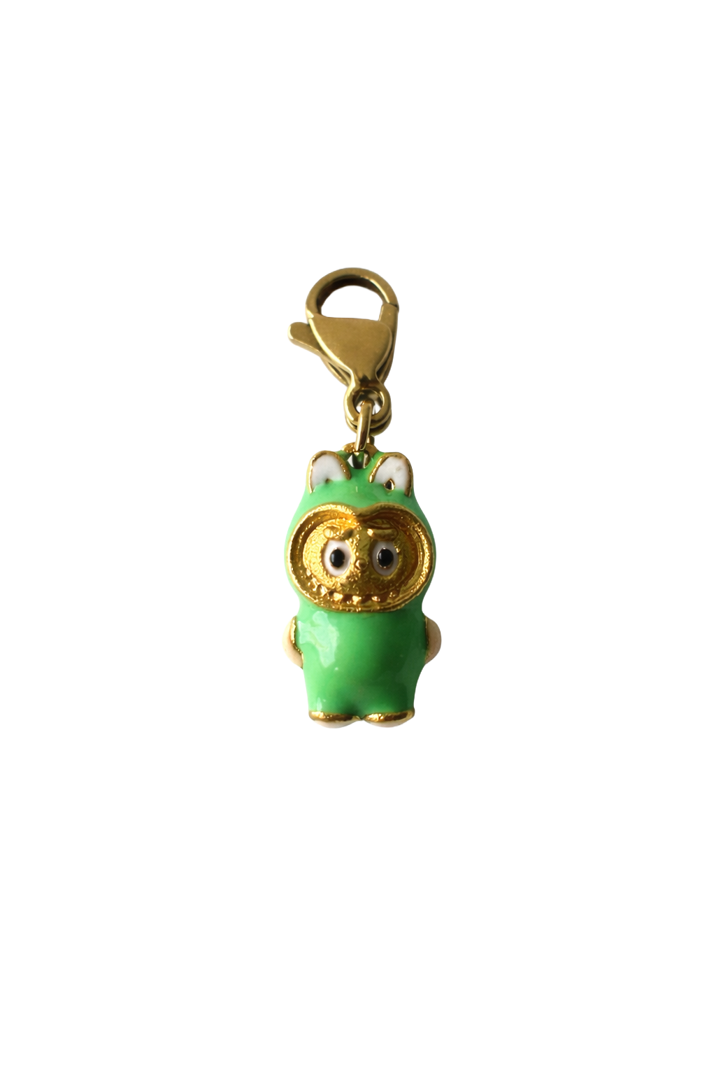 Green labubu charm with gold accents on a white background