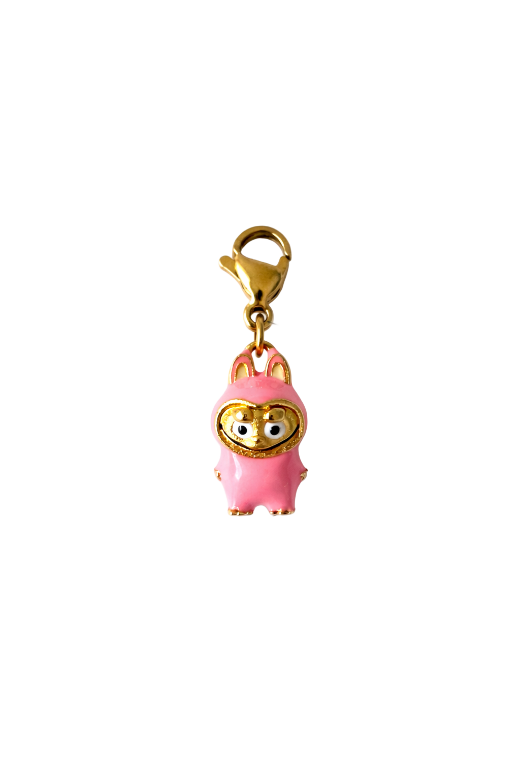 Pink labubu charm with gold accents on a white background