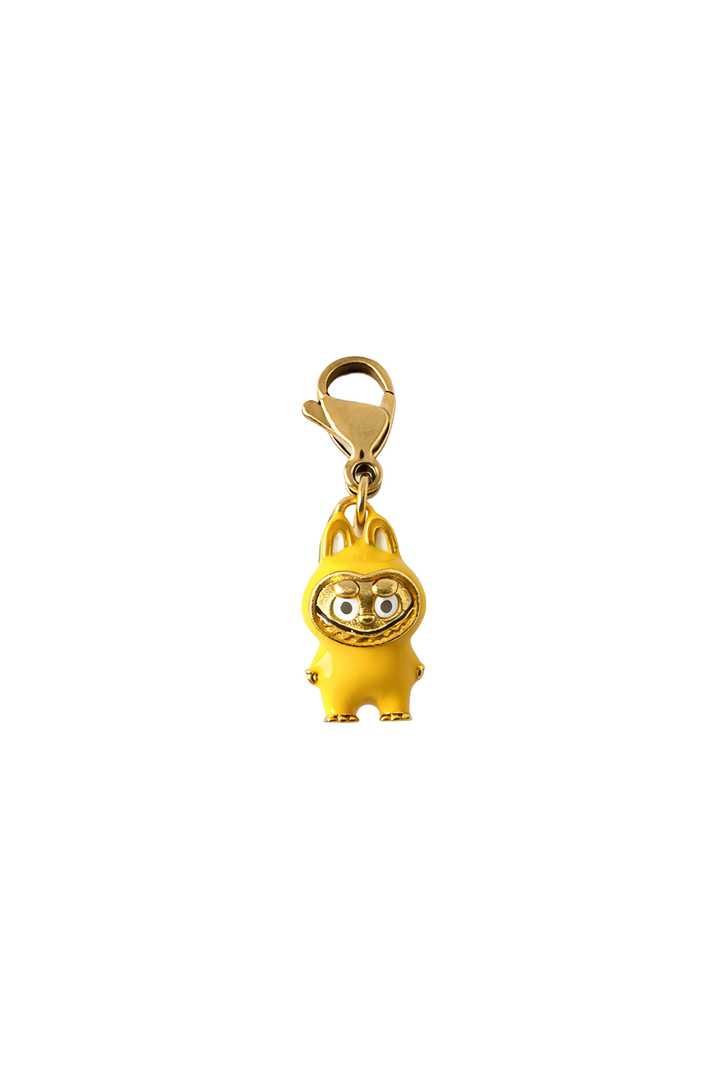 Gold-colored labubu charm with a cartoon character on a white background
