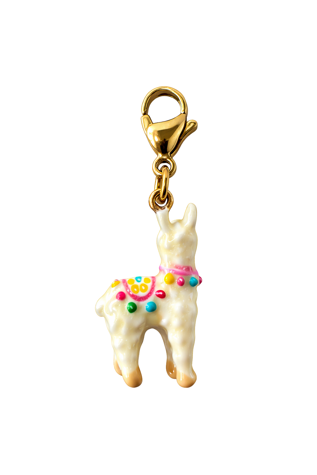 Llama-shaped charm with a gold clasp on a white background