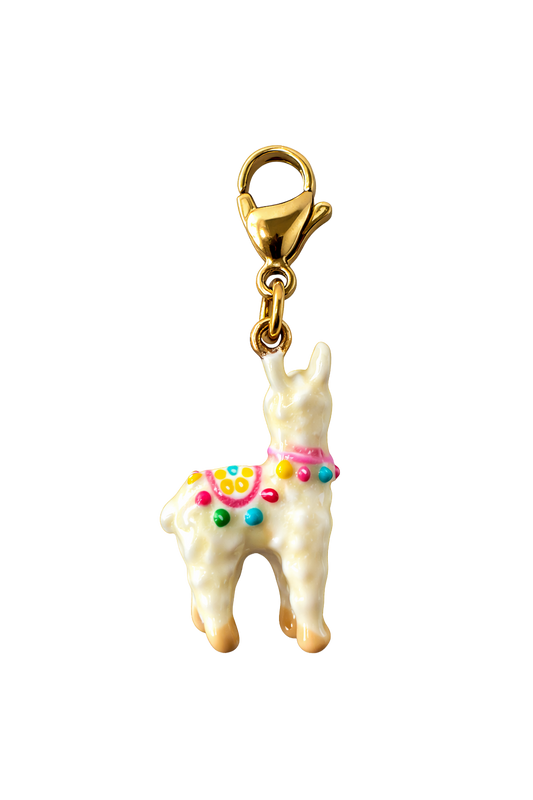 Llama-shaped charm with a gold clasp on a white background