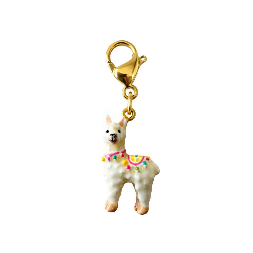 Llama-shaped charm with a gold clasp on a white background