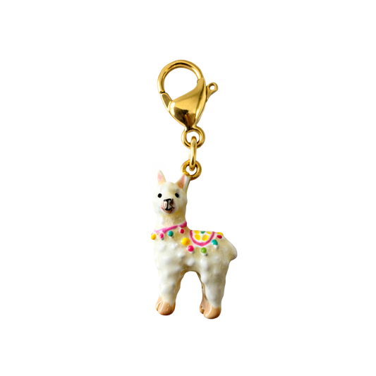 Llama-shaped charm with a gold clasp on a white background