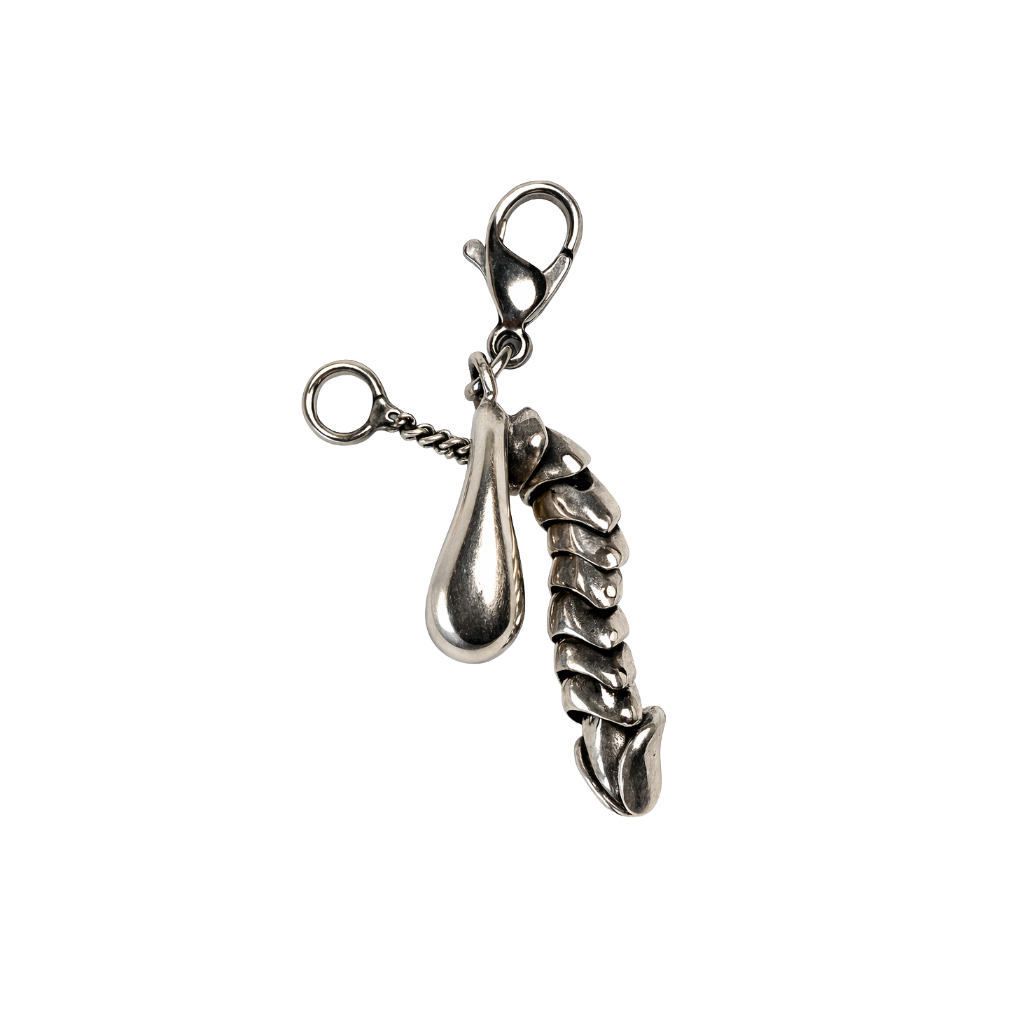 Silver charm with a penis design on a white background